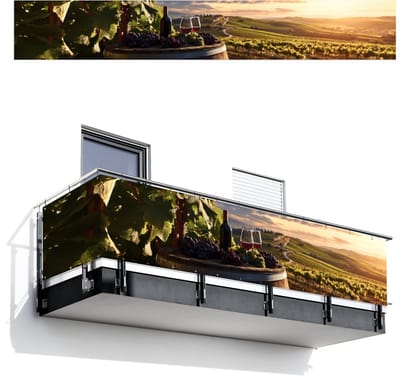 Balkonscherm 500x75 cm - Balkonposter Wijn - Druiven - Heuvels - Landschap - Balkon scherm decoratie - Balkonschermen - Balkondoek zonnescherm