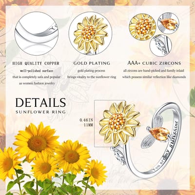 Mode Zonnebloem Angst Ring Voor Vrouwen Bruiloft Feest Sieraden Delicaat Roestvrij Staal Kristal Zirkonia Vingerring Verstelbaar Resizable white