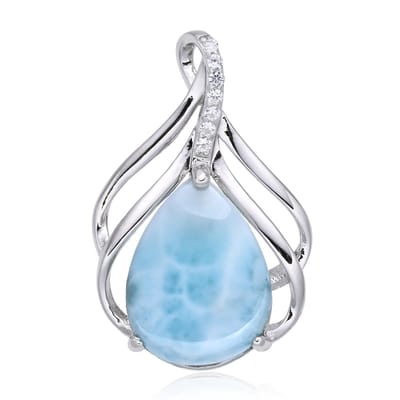 Cavill - Zilveren Larimar Hanger 925 Sterling Zilver - 5,03 Ct Peervorm Cabochon - 7 Witte Topaas Pavé - Elegant Blauw Sieraad