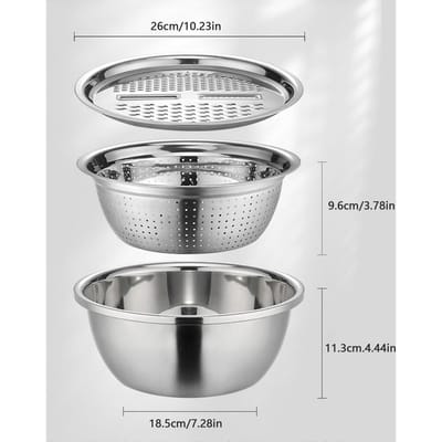 Bassine Multifonctionnelle Allemande en Acier Inoxydable Râpe Passoire Bol Passoires Bol à Salade avec Panier d'Égouttage Outil à Légumes gray