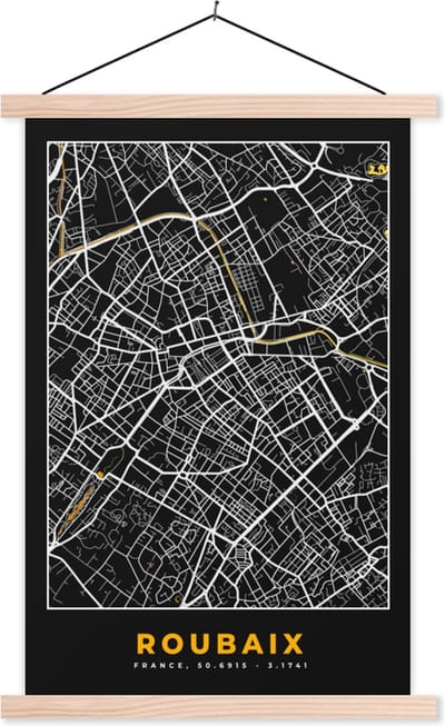 Posterhanger incl. Poster 40x60 cm - Schoolplaat - Stadskaart – Roubaix - Plattegrond – Kaart - Frankrijk - Textielposter - Blanke latten - Stadskaart