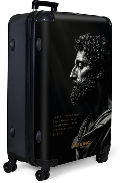 NoBoringSuitcases.com® - Koffer groot - Reiskoffer lichtgewicht - Zwart met Marcus Aurelius en quote - Rolkoffer met 4 wielen - Grote trolley XL - 98 liter bagage