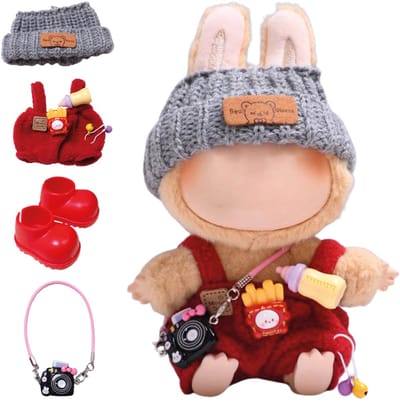 ADEL Kleding Geschikt voor Labubu Pop 17 cm – Inclusief Hoed, Romper, Camera en Schoenen – Schattige Poppenkleertjes – Complete Outfit met Accessoires Rood