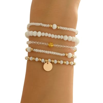 Bohemian Armbanden Set van 5 - Wit - Handgemaakte Wikkelarmbanden voor Dames & Vrouwen - Kleurrijke Kralenarmbanden, Elastisch & Comfortabel - Sieraden Cadeau Idee Moederdag