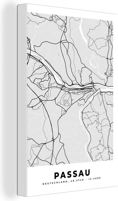 Canvas Schilderij Passau - Stadskaart - Plattegrond - Duitsland - Kaart - 20x30 cm - Wanddecoratie