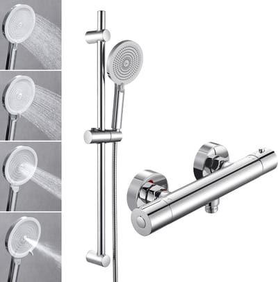 DERW MAX Thermostatische Douchekraan - 15 cm Hartafstand - Doucheset - 38°C Veiligheidsfuncties - Handdouche met 6 standen - Waterbesparend - Wandmontage - Chroom