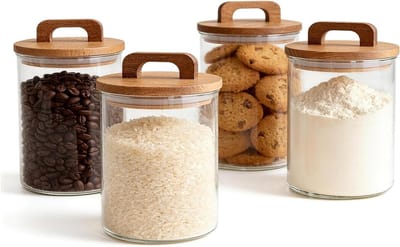 Glazen Opbergpotten met Houten Deksel, 4 x 800 ml, Luchtdicht en Handig voor Voedselopslag, Keukenaccessoires voor Organisatie
