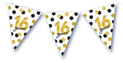 BTH – 16 Jaar Vlaggenlijn – Wit-Zwart-Goud – 6 m Verjaardag Decor – Sweet 16 Celebration Feest Versiering – Slinger