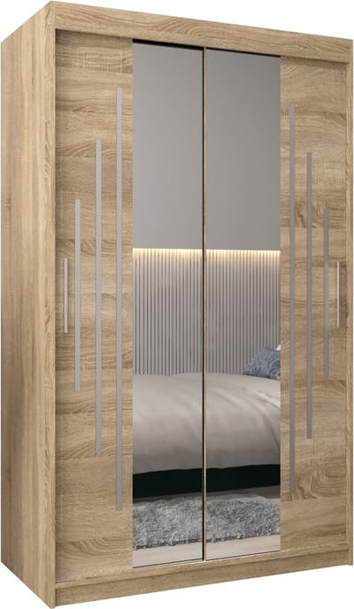 InspireMe - Kledingkast met 2 schuifdeuren, Modern-stijl, Een kledingkast met planken en een spiegel (BxHxD): 120x200x62 - MALTESE I 120 Sonoma Eik