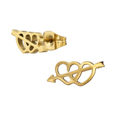Goud kleurige stainless steel 2hartjes met pijl dames oorbellen | chirurgisch staal | hypoallergeen | Zilverana | RVS