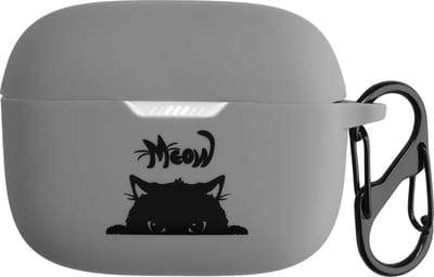 kwmobile Hoes geschikt voor JBL Tune 230 NC TWS / T230NC / T235NC - Siliconen cover voor oordopjes in grijs / zwart - Kat Meow design