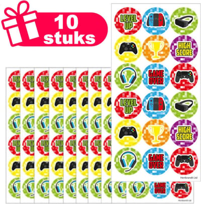Henbrandt - Set van 10x Stickervellen met Grote GAMER Stickers om Uit te Delen of te Knutselen - Traktatie uitdeelcadeautjes - 10x Stickervellen voor Kinderen met 18 Stickers per Vel = Totaal: 180 Stickers