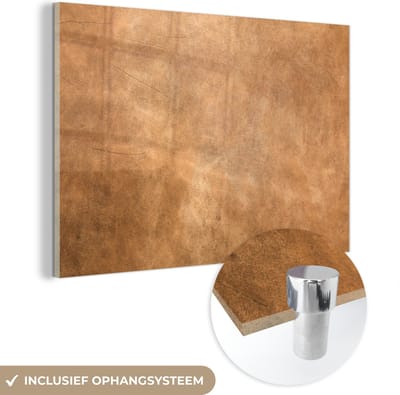 MuchoWow® Glasschilderij 150x100 cm - Schilderij acrylglas - Leer - Structuur - Lederlook - Bruin - Foto op glas - Schilderijen