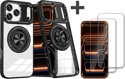 Hoesje Geschikt voor iPhone 17 Pro Max Arara hoesje voor Magsafe Transparant hard case - kickstand Draaibare Ring Houder met 2 stuks screenprotectors - Zwart