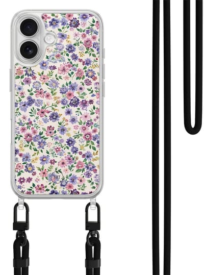 Hoesje met koord geschikt voor iPhone 16 - Paarse bloemen - Inclusief zwart koord - Crossbody beschermhoes - Transparant, Paars - Mooie Telefoonhoesjes