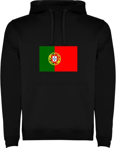 Zwarte unisex hoodie met Wereldse vlaggen het land Portugal merk Roly maat M