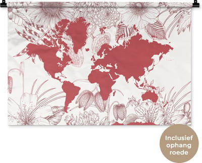 Wandkleed WereldkaartenKerst illustraties - Roze wereldkaart versierd met illustraties van bloemen Wandkleed katoen 90x60 cm - Wandtapijt met foto