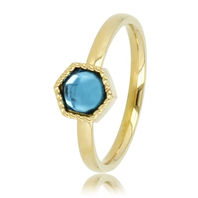 My Bendel - Ring Goudkleurig met Blauwe Zeshoekige Glassteen - Goudkleurige Ring - Zeshoekig Ontwerp - Blauwe Glassteen - met Luxe Cadeauverpakking | Sieraden Voor Dames | Maat 16.00 Mm / Maat 50