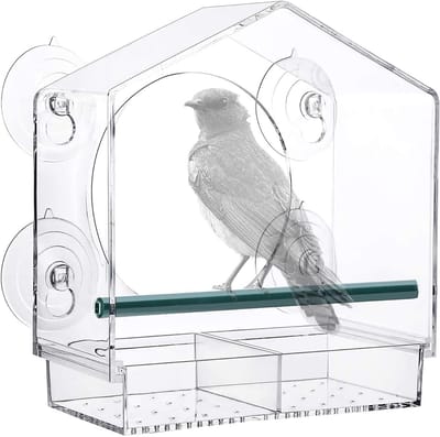 Famanu – Sterk zuigvenster vogelvoederhuis - grote capaciteit venster vogelvoederbak met verwijderbare zaaibak en afvoergaten voor vogelvoeding Dunnock Blue Tit Robin kleine wilde vogels - 21 cm x 20 cm x 10 cm