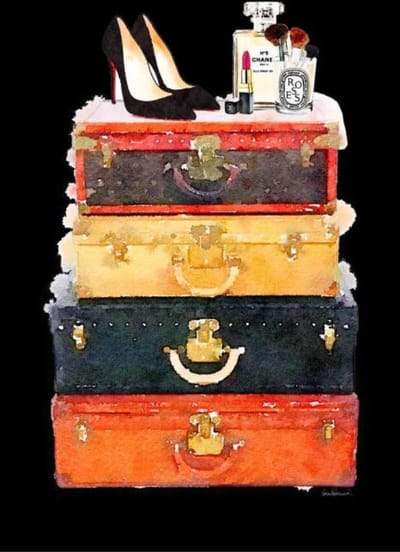 Glasschilderij met metaalfolie - Vintage fashion koffers - schilderij fotokunst - verwerkt met goudfolie - 60x80 cm