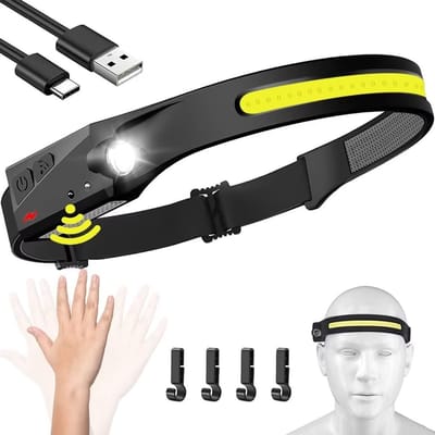 Hoofdlamp - Oplaadbare hoofdlamp - 230° brede LED-koplamp met bewegingssensor voor volwassenen - Campingaccessoires - waterdichte hoofdlamp/zaklamp - voor wandelen, hardlopen, reparaties, vissen en fietsen