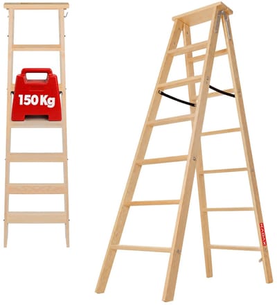 KADAX Houten ladder, ladder van hout, schildersladder, staande ladder, bokladder, inklapbare trapladder, huishoudladder, vouwladder, dubbele trap met stalen haken (7 treden)