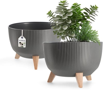 Kadax Bloempot, van kunststof, met drie insteeksteunen, rond, bloemenschaal, plantenbak, bloembak, voor balkon, woonkamer, 29 cm diameter, antraciet