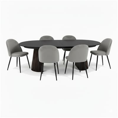 Tokyo eethoek eettafel zwart, 6 stoelen met grijze velours bekleding.