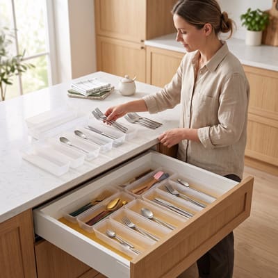 INDECOR 10 Delige Lade Organizer Set – Modulaire Bestekbak voor Keukenlade – Verstelbare Ladeverdeler voor Keukengerei, Bureau Lade en Kantoor Accessoires, Transparant