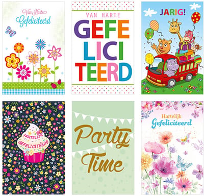 6 dubbele wenskaarten met envelop - Gefeliciteerd - 11,5 x 17 c