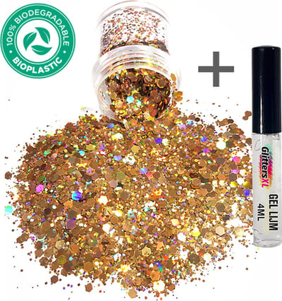 GlittersXL - Chunky Glitters (Rose Goud) + Glitter Huid Lijm Volume 8g Festival Roze Gold Jewels Glitter Outfit Lichaam en Gezicht - Make-up Diamond Dots Face Body Diamantjes Strass Steentjes Kinderen Volwassenen Dames Makeup Tattoo Mastix Schmink