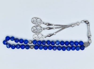 Handgemaakte tesbih klassiek - "Tasbih" natuursteen " Lapis Lazuli" - Aantal kralen 33 - Diameter kralen 8 MM - met metaal tassel "yarab" - Een mooi cadeau-idee