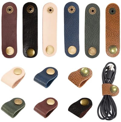 Dailygoods - Lederen Kabelriemen - Snoerbeheerhouder - Draagbare Oortelefoon Kabelbinder - 6 Kleuren - Snoerorganizer voor Thuis en Reizen - 12 Stuks