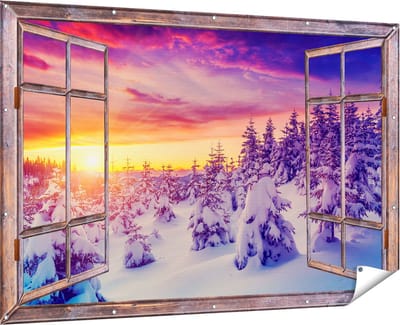 Gards Tuinposter Doorkijk Zonsondergang in het Sneeuw Bos - 180x120 cm - Tuindoek - Tuindecoratie - Wanddecoratie buiten - Tuinschilderij