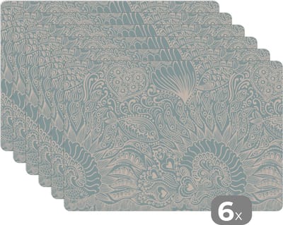 Placemat - Placemats kunststof - Koraal - Hart - Zeewier - Vis - Patroon - 45x30 cm - 6 stuks - Hittebestendig - Anti-Slip - Onderlegger - Afneembaar