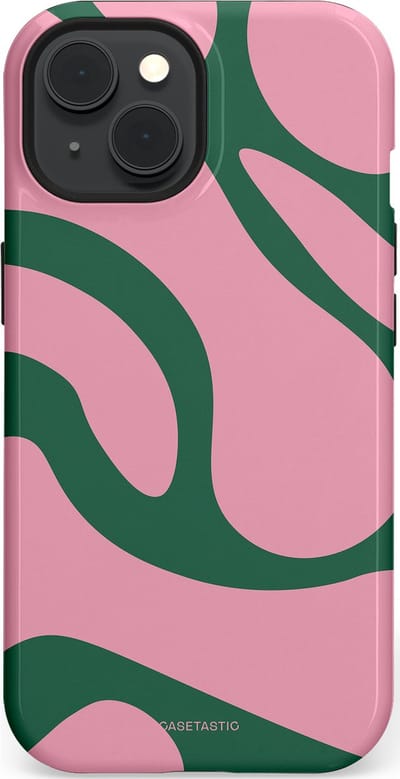 Casetastic hoesje geschikt voor Apple iPhone 15 - MagSafe - Dubbellaagse bescherming - Groen Roze Dansende Vormen - Fashion Case - Lichtroze Donkergroen
