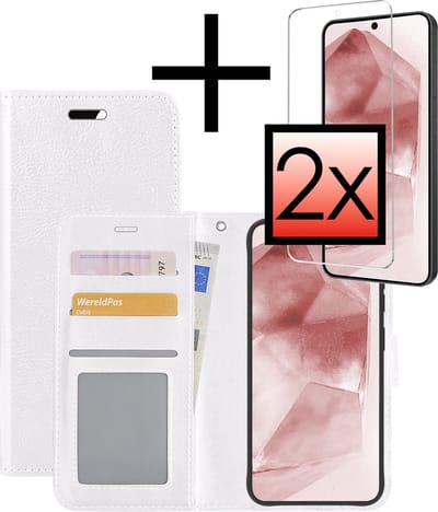 Hoesje - Met 2x Screenprotector - Geschikt voor Samsung Galaxy A55 - Luxe Pasjeshouder - Bookcase Portemonee - Flip Case - Kunstleer Book Case - Flipcase Hoes - Book Cover - Walletcase - Portemonneehoes - Wit