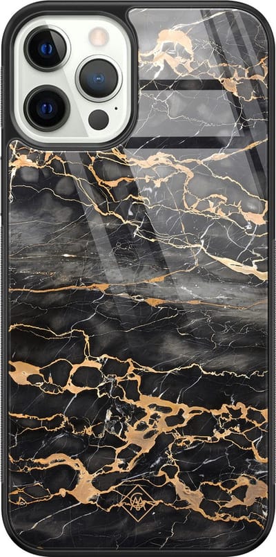 Casimoda® hoesje - Geschikt voor iPhone 12 Pro - Marmer Grijs Brons - Luxe Hard Case Zwart - Backcover telefoonhoesje - Grijs