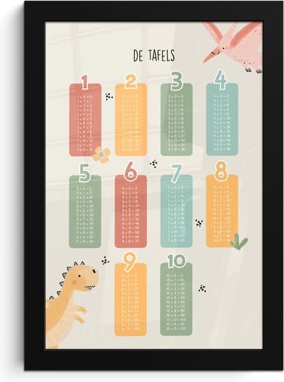 Poster in lijst - Fotolijst 20x30 cm - Posters - Tafels van vermenigvuldiging - Educatief - Leren rekenen voor kinderen - Cijfers oefenen - Dinosaurus - Posterlijst zwart - Kamer decoratie - Wanddecoratie kinderkamer - Muurdecoratie babykamer