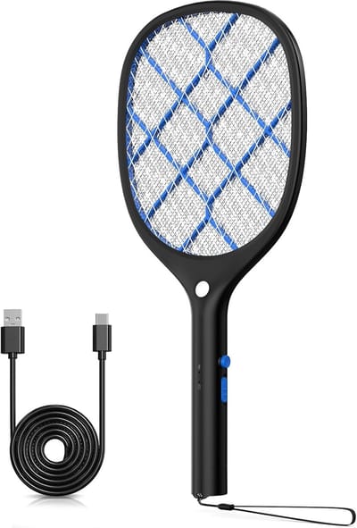 StayPowered Elektrische Vliegenmepper - Krachtig en Snel Insectenvrij - 4000V Spanning - Ingebouwde LED - Oplaadbaar via USB - Lichtgewicht Ontwerp - Veilig Rooster - Handig voor Buiten - Zwart - Levering Sneller dan Aangegeven!