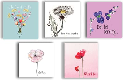 Condoleance kaarten set 5 stuks – Sterkte & opvrolijk kaarten – Bloemen – Blanco binnenkant – Mix ontwerpen