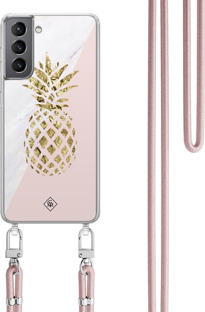 Casimoda® hoesje met koord - Geschikt voor Samsung S21 - Ananas - Afneembaar koord - TPU/polycarbonaat - Roze