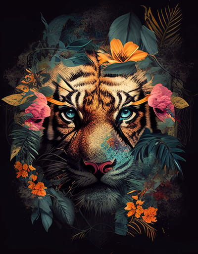AI - Woondecoratie - Poster - Dieren - Tijger - Bloemen en jungle - 10 - 40 x 50 cm