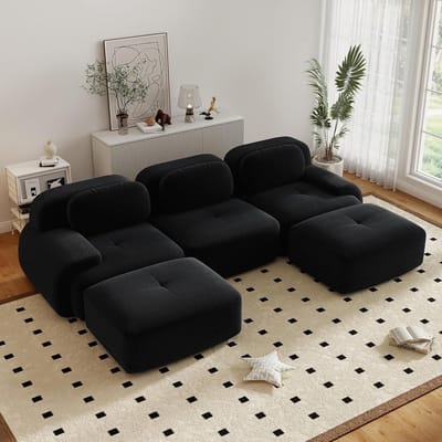 Moderne Hoekbank, U-Bank, 3-Zitsbank, Moderne 298 cm Brede, Converteerbare Hoekbank met 2 Voetenbankjes, U-vormige Modulaire Corduroy Bank, Compacte Bank voor 3-6 Personen voor de Woonkamer, Extra Diepe Zitting, Geen Montage Nodig-Zwart