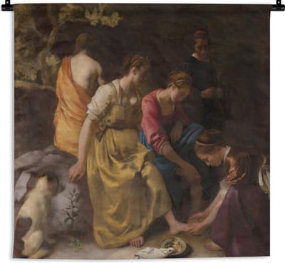 Wandkleed Johannes Vermeer - Diana en haar gezelschap - Schilderij van Johannes Vermeer Wandkleed katoen 90x90 cm - Wandtapijt met foto