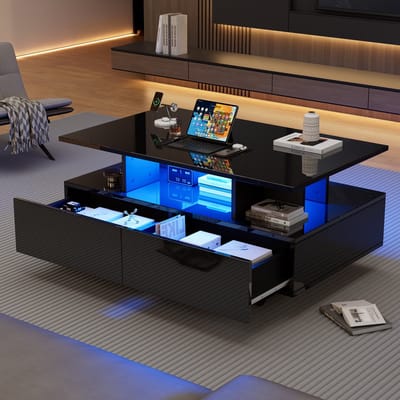 PHOEBE CAT Salontafel - Hoogglans - Met LED-verlichting - 2 lades - Bijzettafel - Zwart