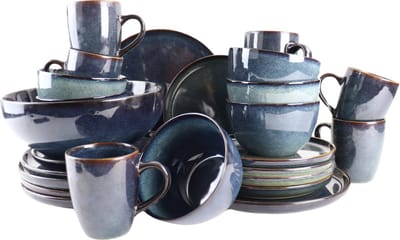 OTIX Serviesset - 25-delig - Bordenset - Saladeschaal - Koffiekopjes - Ontbijtborden - Dinerborden - Soepkommen - 6 Persoons - Blauw - Gebaksbordjes - EBONY