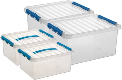 Sunware Q-Line opberg boxen set van 4x stuks - 2 maten - 15 en 36 liter - kunststof - transparant/blauw