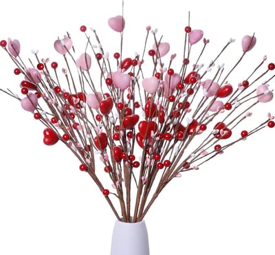 Valentijnsdag Bloemen Picks - Hart Bessen Stengels - Romantische Sfeer Creëren - Handgemaakt en Stabiel - 17 cm - Rood/Roze