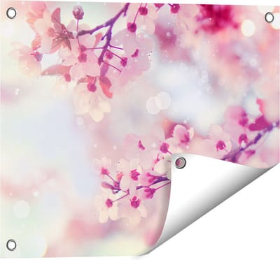 Gards Tuinposter Roze Bloesemboom met Zonneschijn - 50x40 cm - Tuindoek - Tuindecoratie - Wanddecoratie buiten - Tuinschilderij